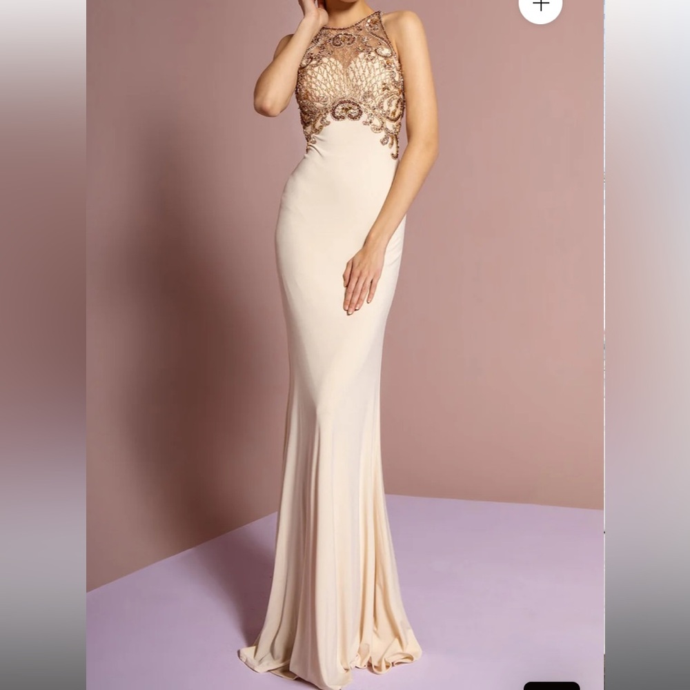 Elegant Cream and Gold Embellished Maxi Dress - Prom, Formal, Ball